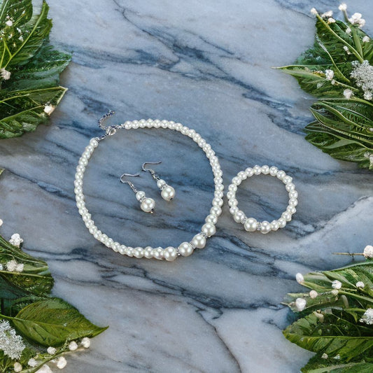 White Pearl Necklace With Matching earrings and bracelet